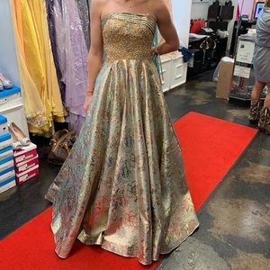 Mac Duggal 2099M Gold, Aqua, Pink Metallic Gown (Prom / Ball / Formal)